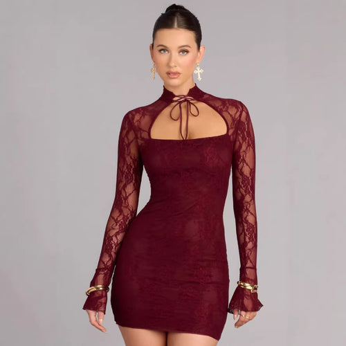 Damen Spitzenminikleid mit hohem Kragen und raffinierten Cut-Out-Details Echo Archiv