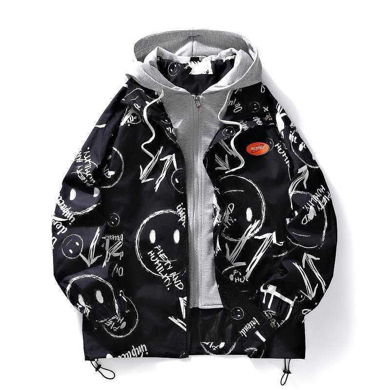 Herren mehrlagige Übergangsjacke mit Kapuzen-Innenlayer und Smiley-Graffiti-Print Echoarchiv