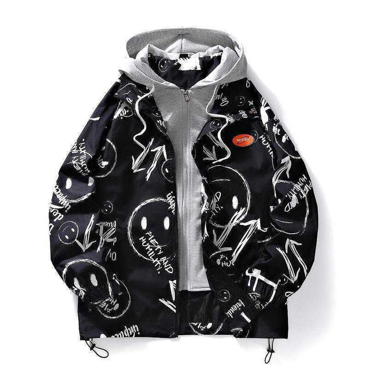 Herren mehrlagige Übergangsjacke mit Kapuzen-Innenlayer und Smiley-Graffiti-Print Echoarchiv