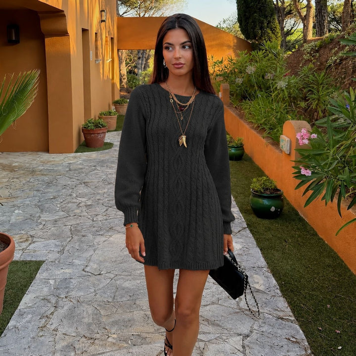 Damen Strickkleid mit Zopfmuster und Ballonärmeln – Mavelle