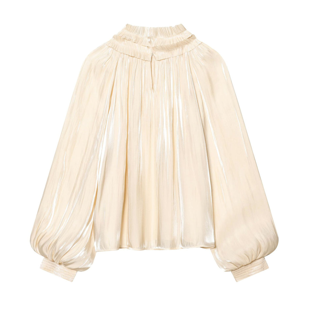 Damen nan plissierte Highneck-Bluse mit Volantkragen, Ballonärmeln und elastischen Bündchen Echo Archiv