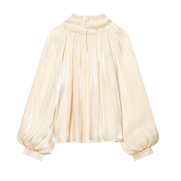 Damen nan plissierte Highneck-Bluse mit Volantkragen, Ballonärmeln und elastischen Bündchen Echo Archiv