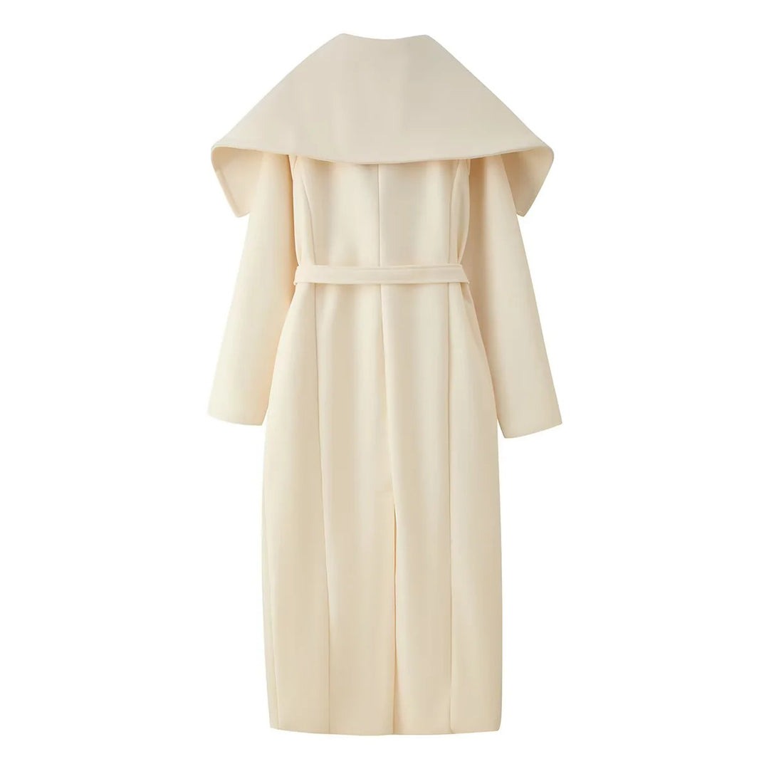 Damen langer Mantel mit voluminösem Schalkragen und taillierendem Bindegürtel – Montévia