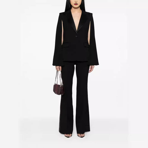 Damen Zweiteiliges Abendliches Blazer-Set mit Cape-Ärmeln und ausgestellten Marlene-Hosen Echoarchiv