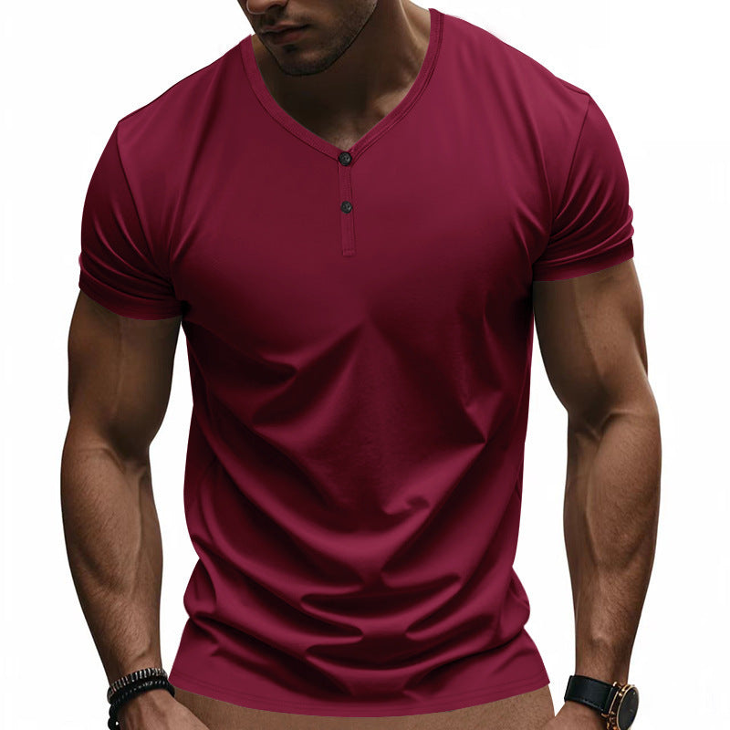 Herren Kurzarm Henley-T-Shirt mit modischem V-Ausschnitt und Knopfdetails Echoarchiv