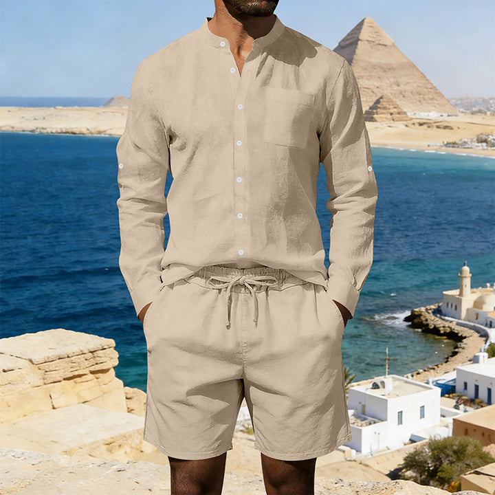 Herren nan sommerliches Leinen-Set mit Stehkragenhemd und Kordelzug-Kurzhose Echo Archiv