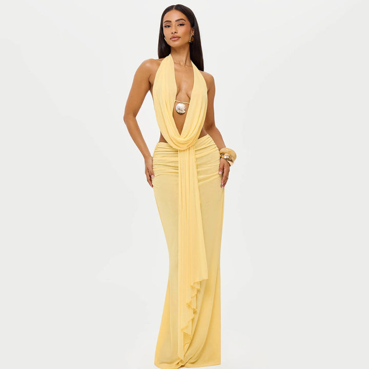 Damen Elegantes Strandkleid mit tiefem Ausschnitt und fließendem Stoff Echo Archiv