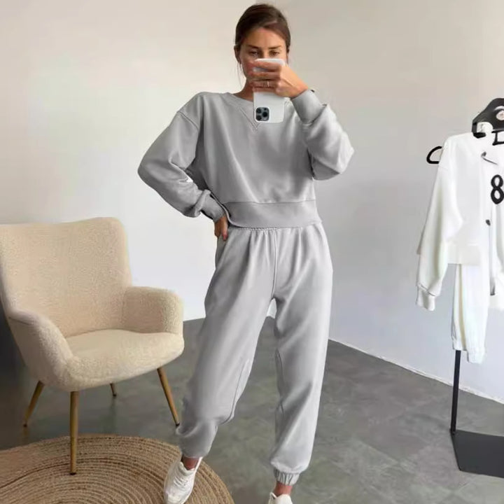 Damen nan Cropped-Sweater-Set mit V-Nahtdetail und hoher Taille Jogginghose Echo Archiv