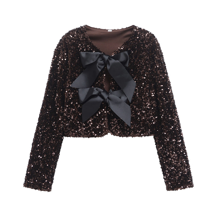 Damen Pailletten-Bolerojacke mit doppelschleifen-Verschluss, gefütterter Innenlage und tailliertem Cropped-Schnitt – Célinea
