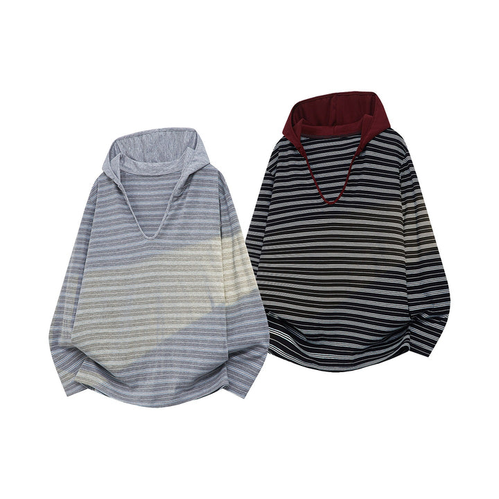 Unisex Oversize Kapuzenpullover mit tiefem V-Ausschnitt und feinem Streifenmuster Echoarchiv