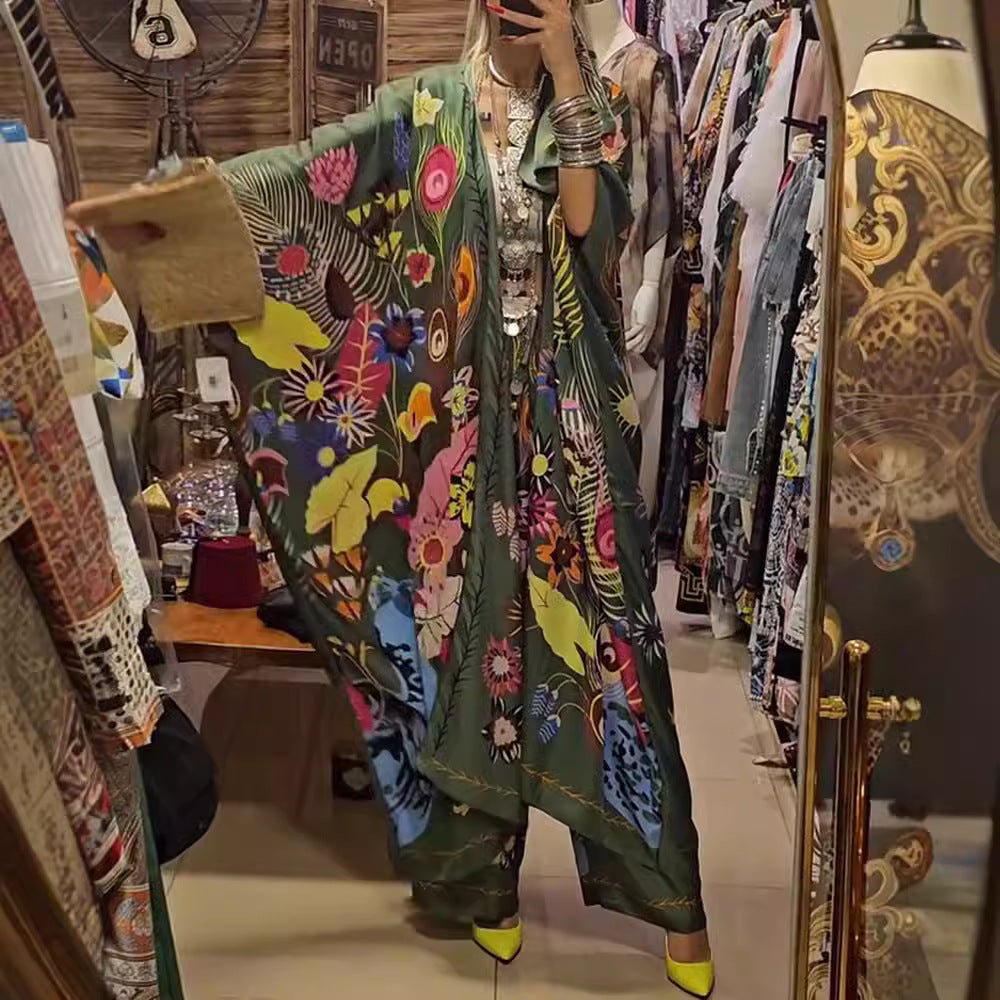 Damen nan extravagantes Maxi-Kaftan-Zweiteiler mit weitem Kimonoärmel, ausgestellter Palazzohose und ausdrucksstarkem Floralprint Echo Archiv