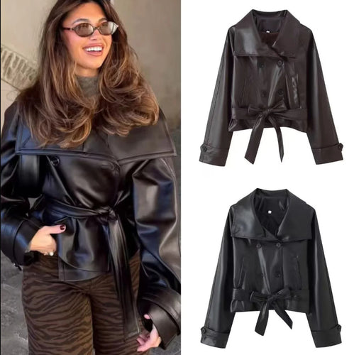 Damen 100+ Cropped Kunstleder-Trenchblouson mit doppelreihiger Knopfleiste und Taillengürtel Echo Archiv