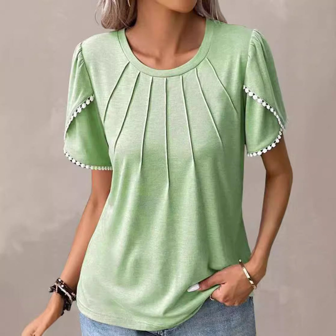 Damen nan Rundhals-Shirt mit dekorativer Kellerfalten-Front, Flatterärmeln und Pompon-Borte Echo Archiv