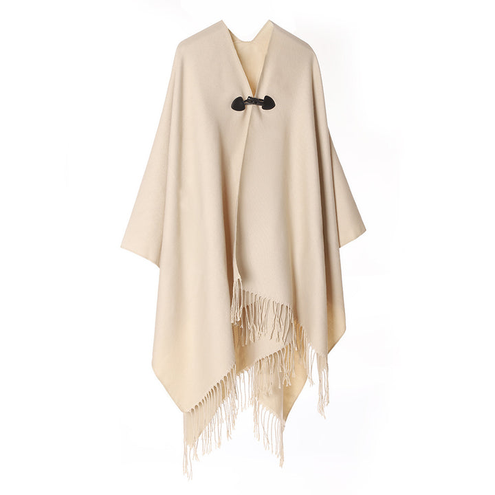Damen Leichter Wasserfall‑Poncho mit Knebelverschluss, asymmetrischem Saum und Fransenkante – Avérine