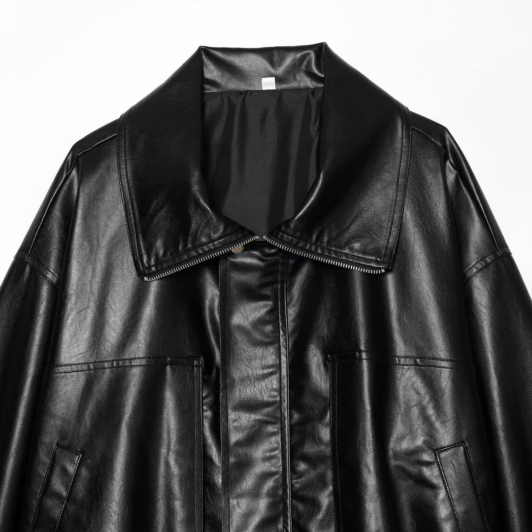 Damen Oversized Kunstleder-Bomberjacke mit breitem Reverskragen und elastischem Saum Echo Archiv