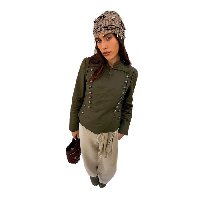 Damen Militärinspirierte Kurzjacke mit Stehkragen und Zierknopfleiste Echoarchiv