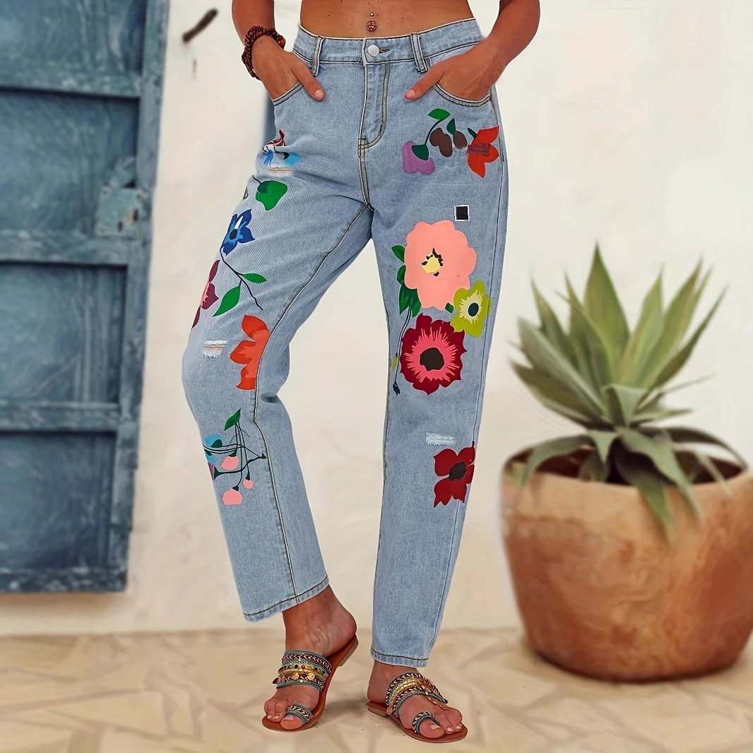 Damen Gerade geschnittene Jeans mit bunten Blumenapplikationen und leichten Destroy-Details Echo Archiv