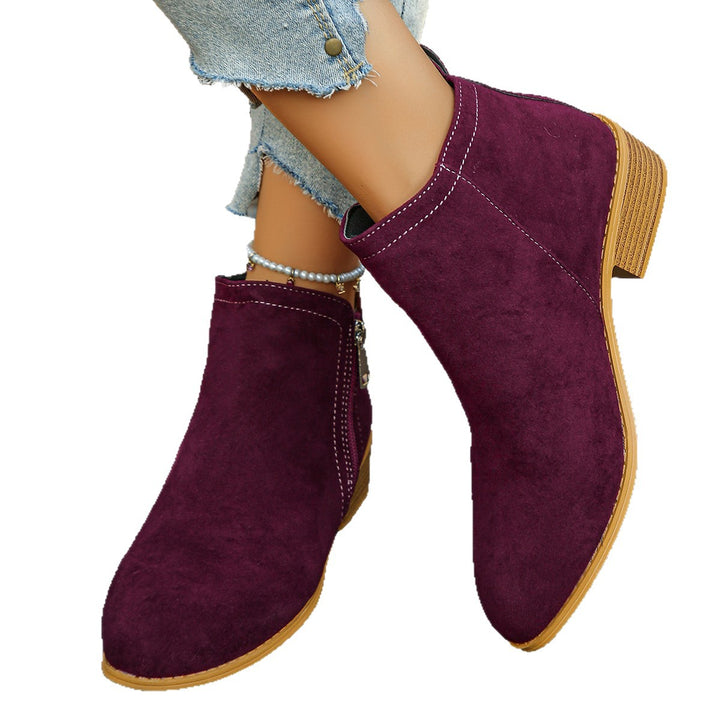 Damen elegante Ankle-Boots aus Velourslederimitat mit seitlichem Reißverschluss und niedrigem Blockabsatz Echo Archiv