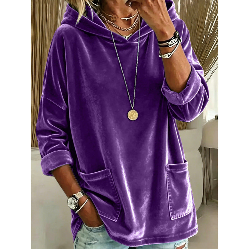 Damen Samt-Hoodie mit Kapuze, Oversize-Schnitt und aufgesetzten Taschen – Auréline