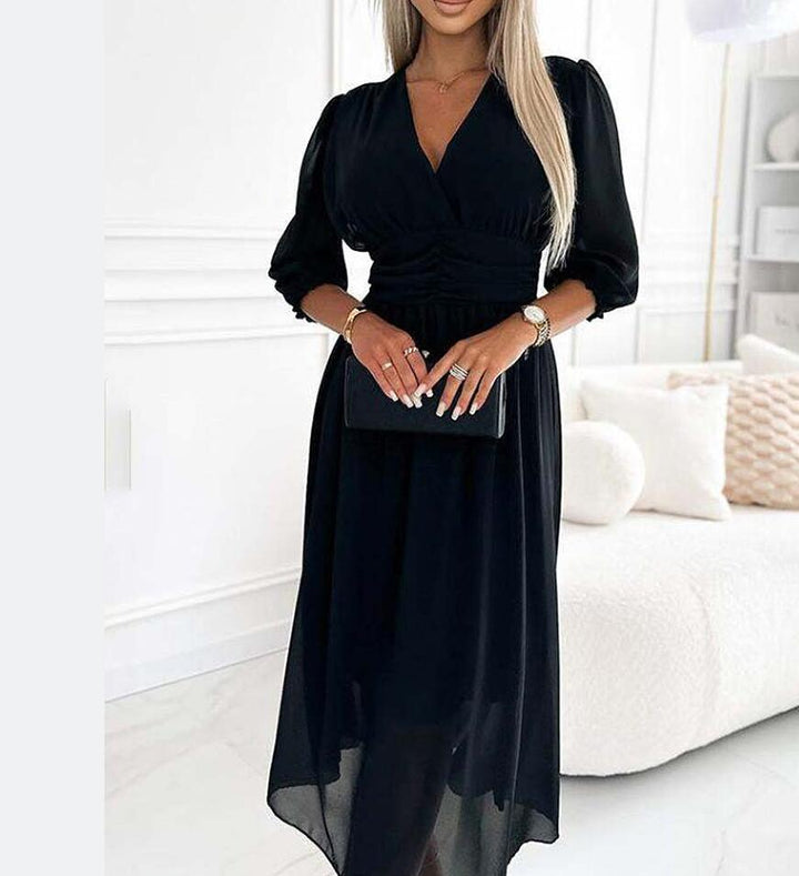 Damen Chiffon Maxi Kleid mit V-Ausschnitt, Rüschengesäß und 3/4 Ärmeln Echoarchiv