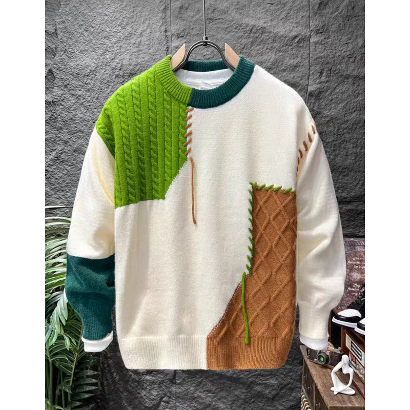 Unisex Patchwork-Oversize-Strickpullover mit Zopf- und Rautenmuster, dekorativen Kontrastnähten und Rundhalsausschnitt Echoarchiv
