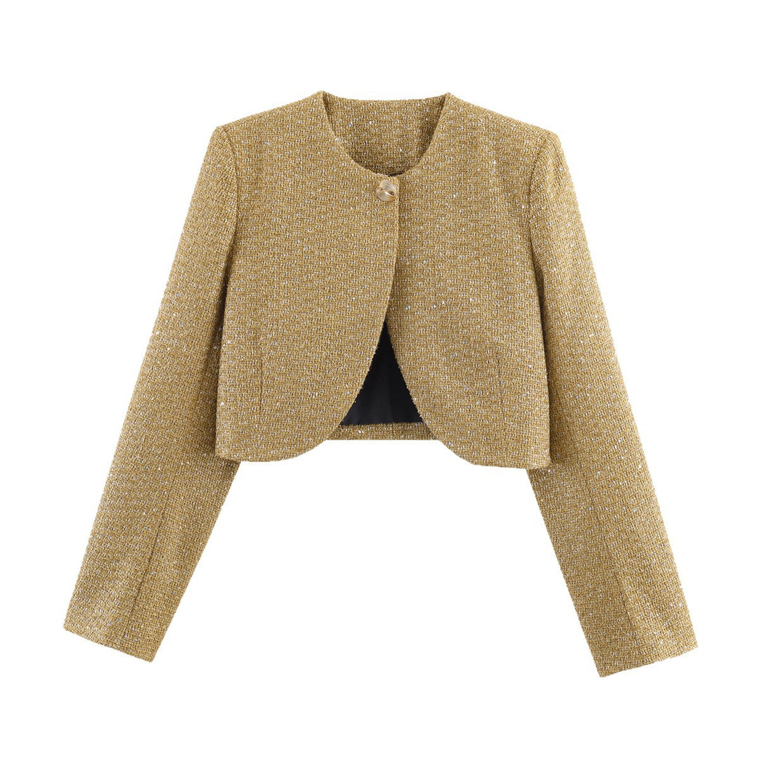 Damen Kurzgeschnittene Bouclé-Cropped-Jacke mit Rundhalsausschnitt und Ein-Knopf-Verschluss Echoarchiv