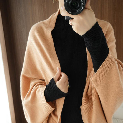 Damen Langer offener Kaschmir‑Look Strick-Wrap mit überschnittener Ärmelpartie Echoarchiv