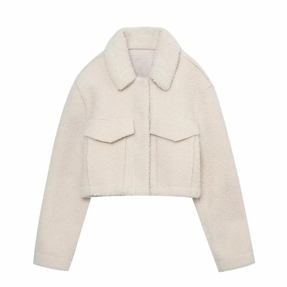 Damen Kurze Teddyjacke im Schaffell-Look mit weitem Kragen und Pattentaschen Echoarchiv