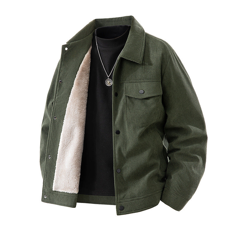 Männliche -Cord-Jacke mit Kunstschafsleder-Futter und Druckknopfverschluss Echo Archiv