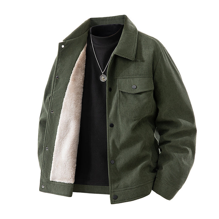 Männliche -Cord-Jacke mit Kunstschafsleder-Futter und Druckknopfverschluss Echo Archiv