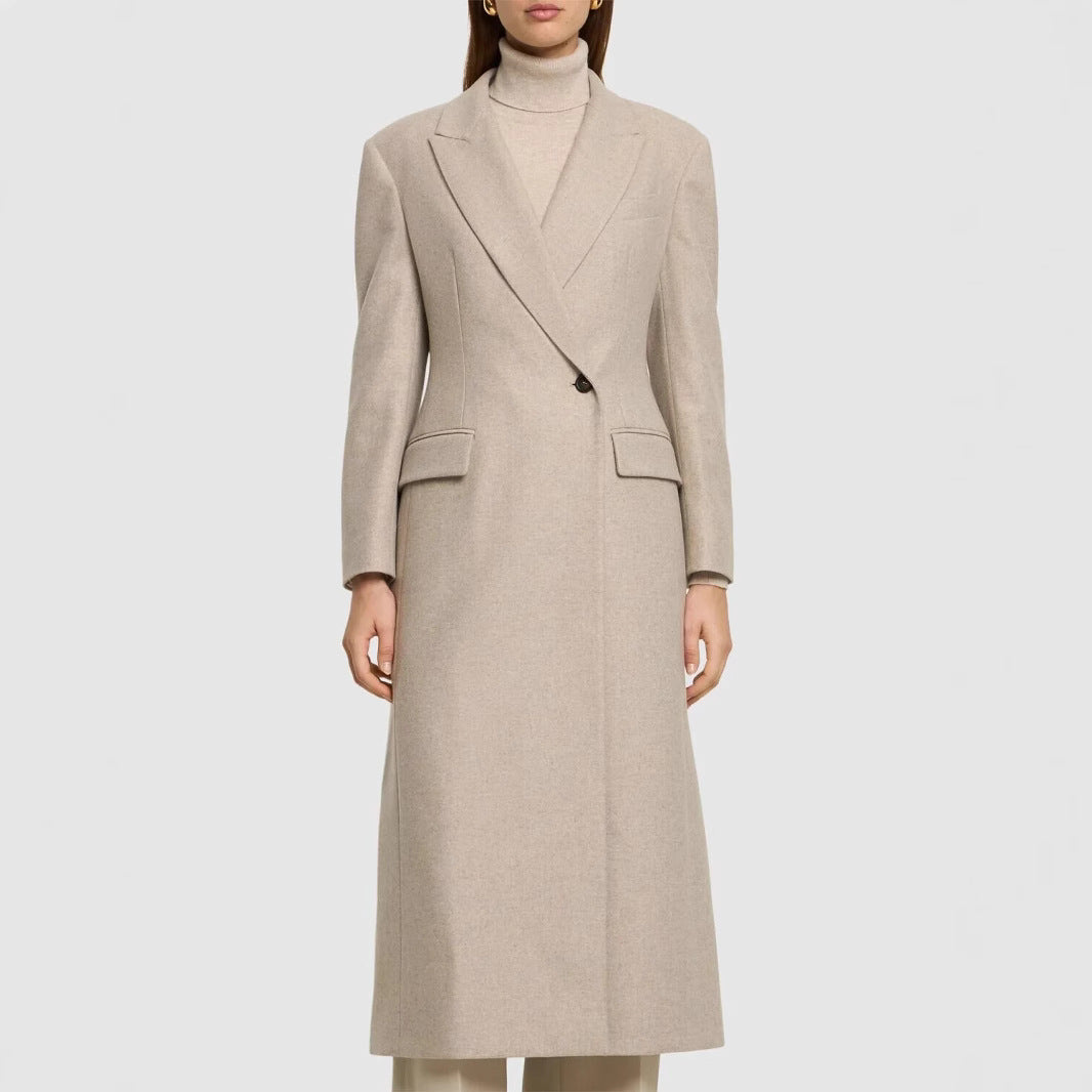 Damen Taillierter Longline Wollmixmantel mit schlanker Silhouette und Einreihiger Knopfleiste Echoarchiv