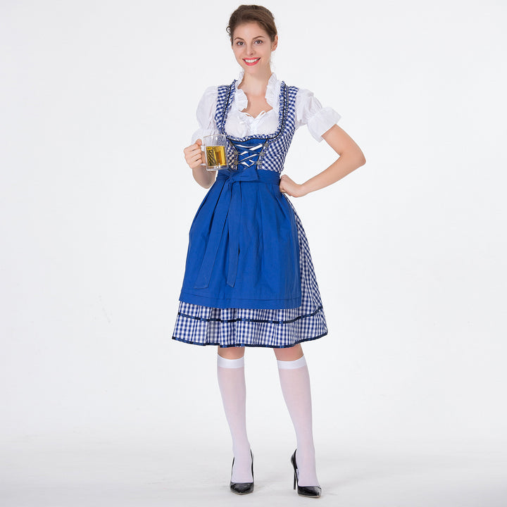 Damen nan karierter Dirndlkleid mit geraffter Schürze und geschnürter Miederfront Echo Archiv