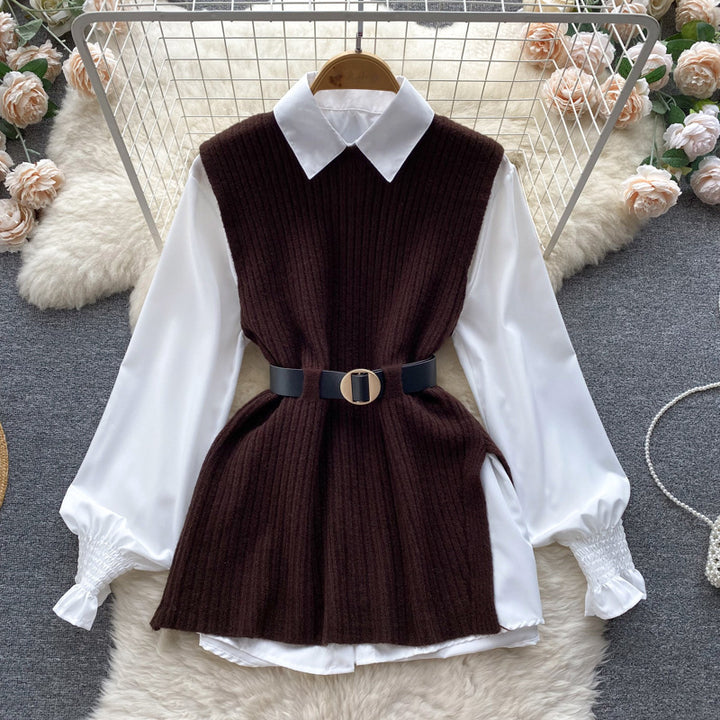 Damen Lagenlook-Bluse mit Rippstrick-Überwurf und Taillengürtel – Élovi