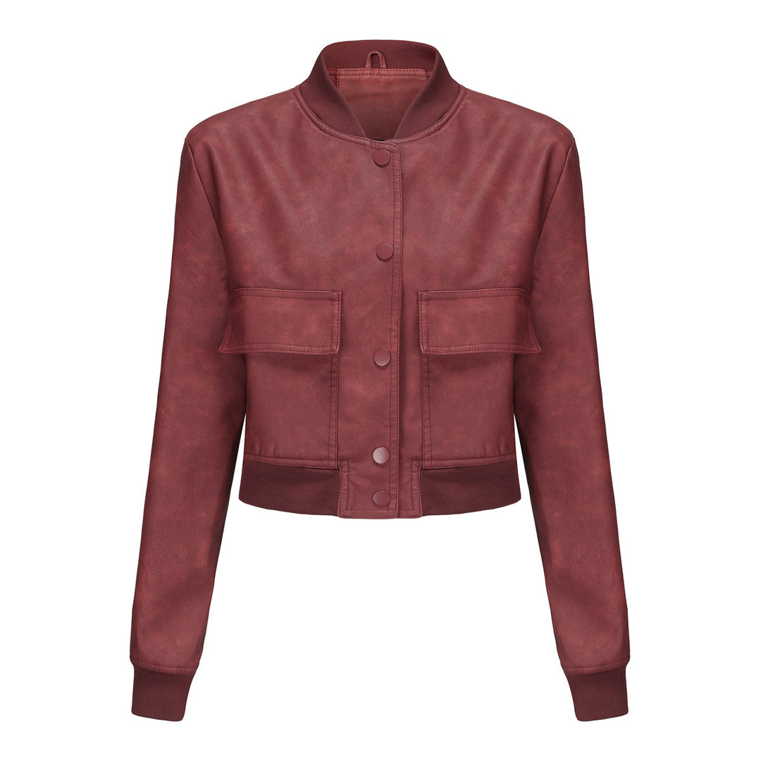 Damen nan kurze Crop-Kunstlederjacke im Blousonstil mit Druckknopffront und aufgesetzten Pattentaschen Echo Archiv