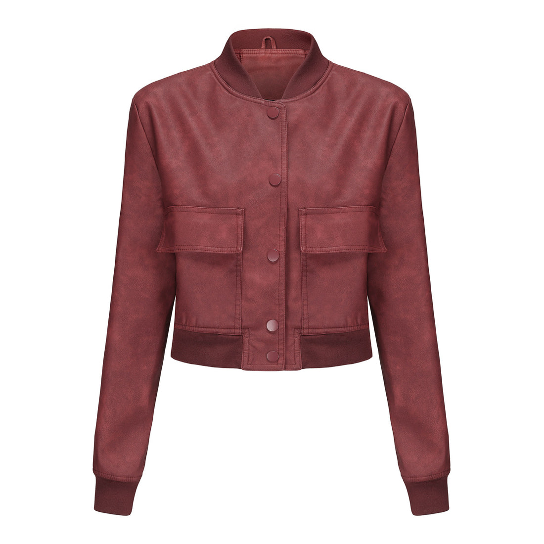 Damen kurze Crop-Kunstlederjacke im Blousonstil mit Druckknopffront und aufgesetzten Pattentaschen – Célinea