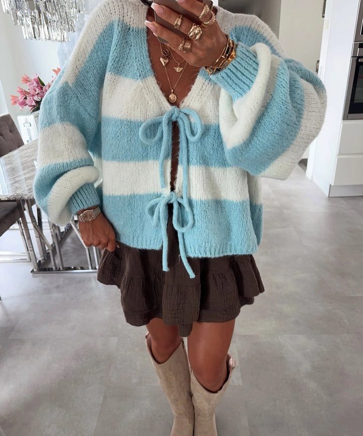 Damen lockere Strickjacke mit breiten Streifen und Bindegürtel Echoarchiv