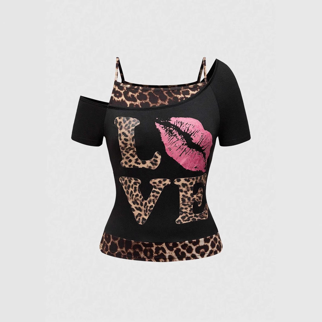 Damen Off-Shoulder Top mit Leopardenmuster und auffälligem Grafikdesign Echo Archiv