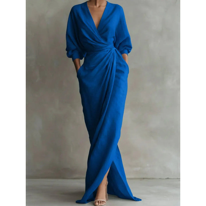 Damen Drapiertes Wickel-Maxikleid mit tiefem V-Ausschnitt, Taillen-Twist und Eingrifftaschen – Valéora