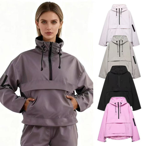 Damen nan winddichter Oversize Anorak mit Halbzip, Kängurutasche und verstellbarer Kapuze Echo Archiv