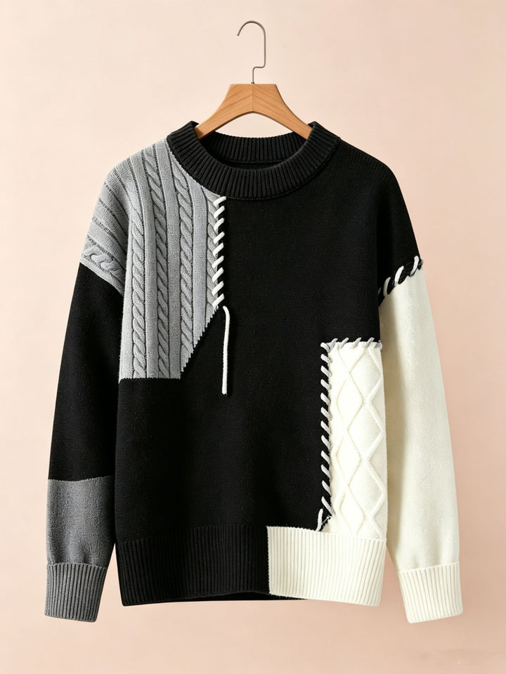 Damen Oversize Strickpullover im Patchwork‑Design mit Zopfmuster‑Einsätzen – Mavelle