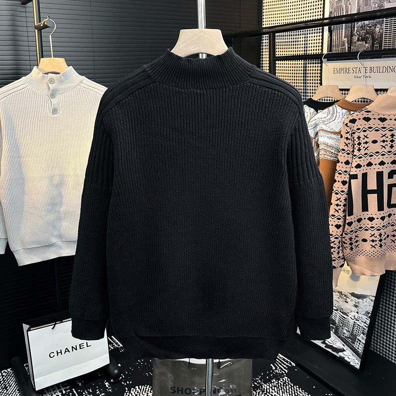 Herren Grobstrick-Pullover mit halber Knopfleiste und hohem Stehkragen Echoarchiv