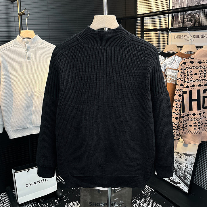 Herren Grobstrick-Pullover mit halber Knopfleiste und hohem Stehkragen Echoarchiv