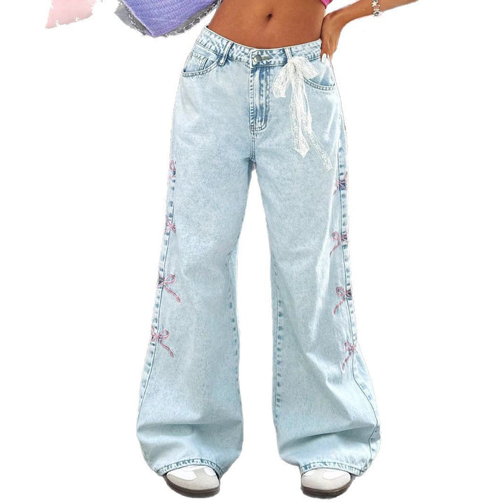 Damen weite High-Waist Denim-Jeanshose mit Spitzenband-Gürtel und ausgestelltem Bein Echo Archiv