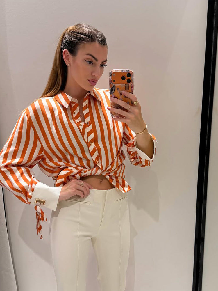 Damen Gestreifte Oversize-Hemdbluse mit kontrastierenden Manschetten & Knotenabschlüssen Echoarchiv