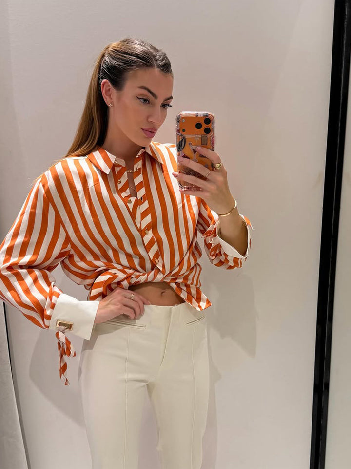 Damen Gestreifte Oversize-Hemdbluse mit kontrastierenden Manschetten & Knotenabschlüssen Echoarchiv