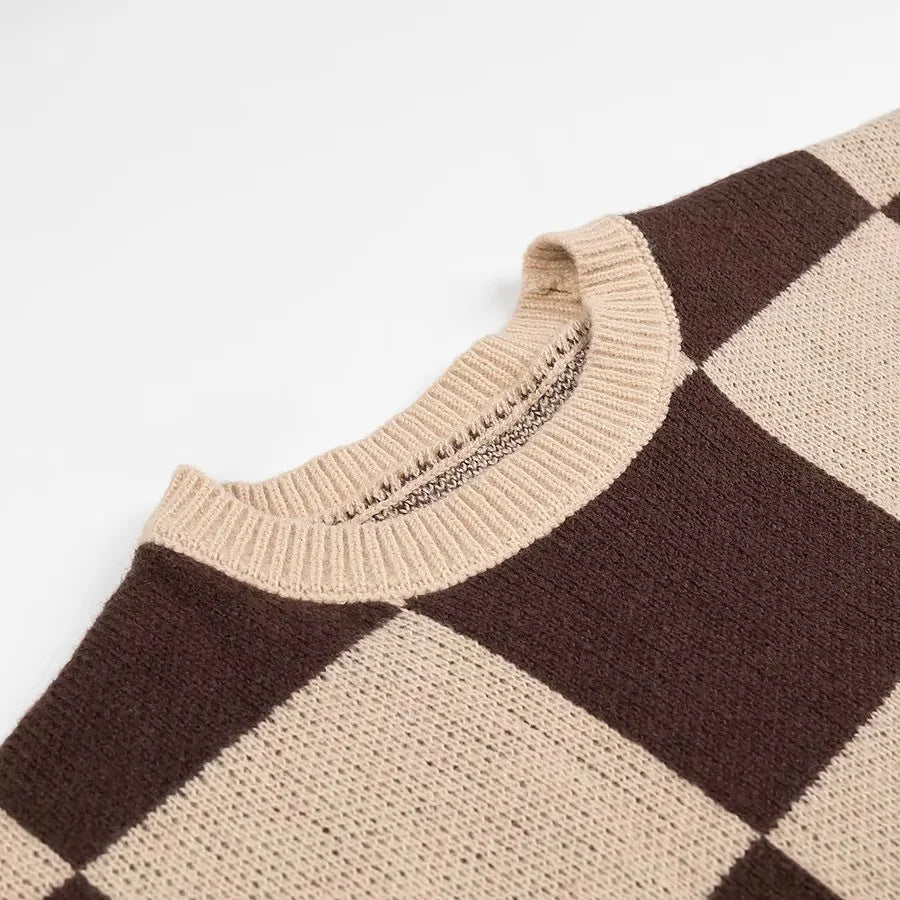 Damen nan oversized Strickpullover mit Schachbrettmuster, geripptem Saum und Rundhalsausschnitt Echo Archiv