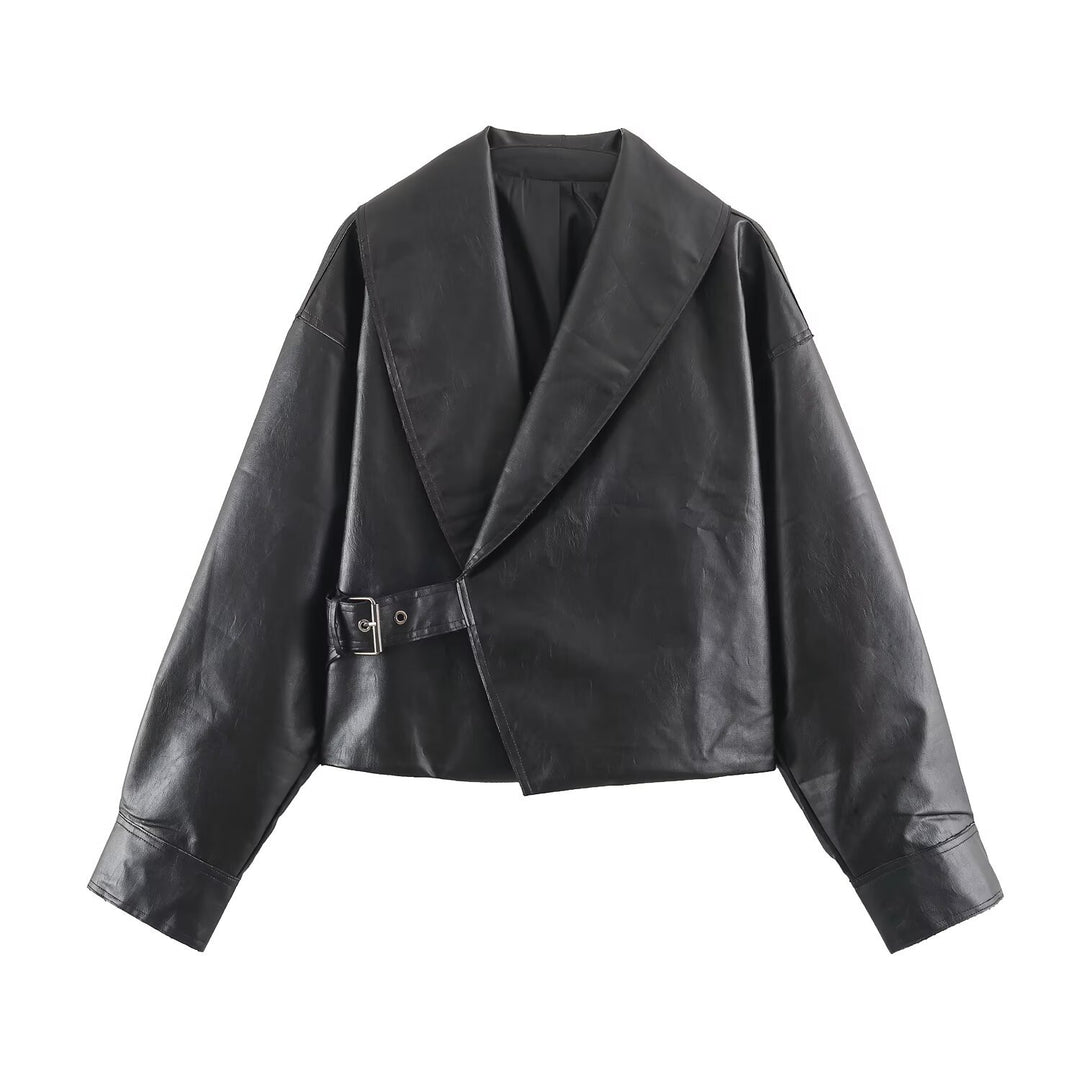 Damen Kurzer Kunstleder-Blouson mit übergroßem Schalkragen und Taillenriemen Echo Archiv