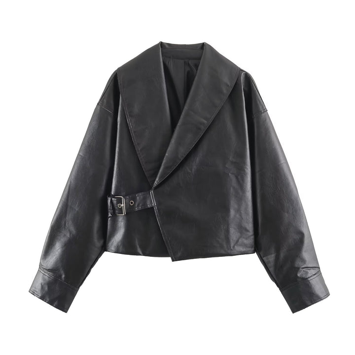Damen Kurzer Kunstleder-Blouson mit übergroßem Schalkragen und Taillenriemen Echo Archiv