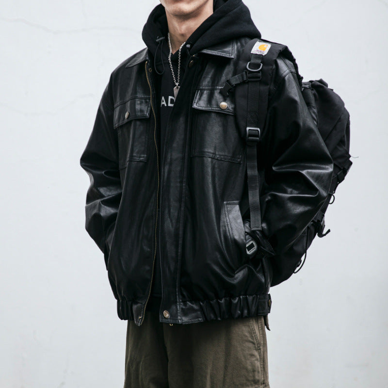 Herren Oversized Lederoptik-Utility-Jacke mit Pattentaschen und elastischem Saum Echoarchiv