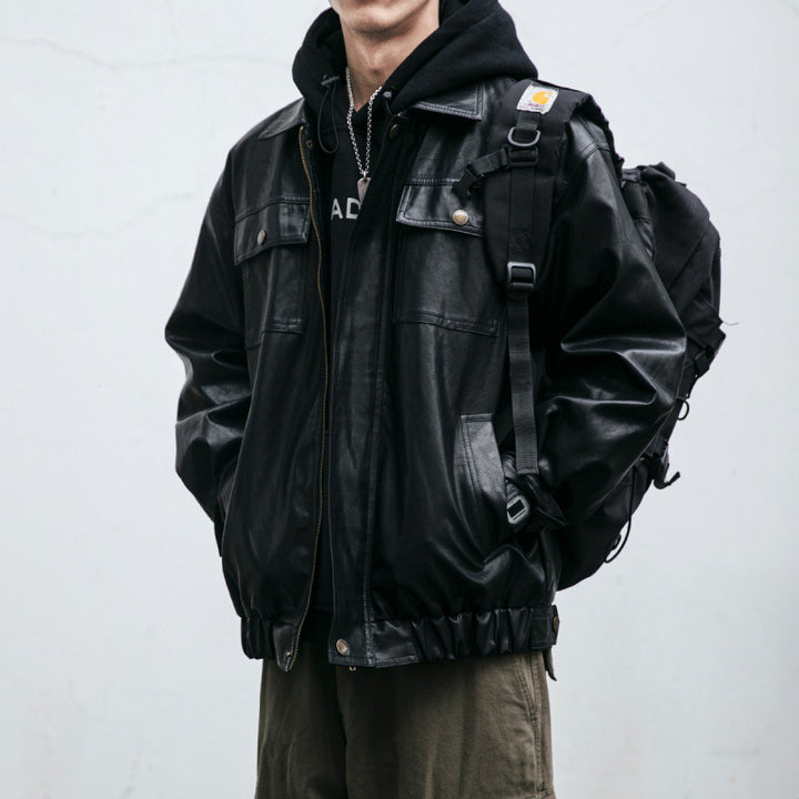 Herren Oversized Lederoptik-Utility-Jacke mit Pattentaschen und elastischem Saum Echoarchiv